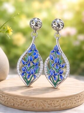 New Enamel Blue Iris Flower Earrings Sterling Silver | February Birthday